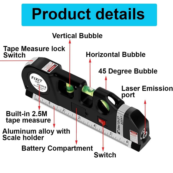 4 in 1 Fixit Laser Level Pro 3 4in1 Multi-Purpose Measuring Tool With 8 Feet Tape