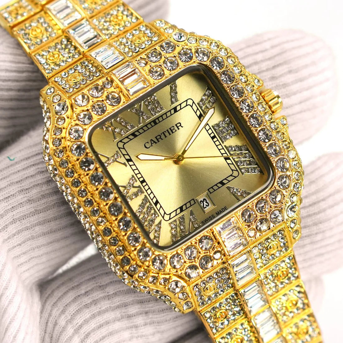 Cartier Iced out Diamond crystal Watch - GOLD